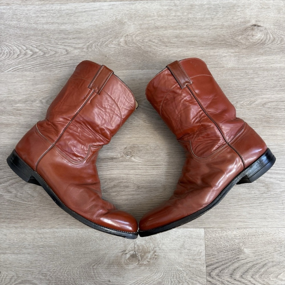 Vintage Justin 3145 Western Cowboy Boots Mens 12D Made USA Cognac Brown Leather